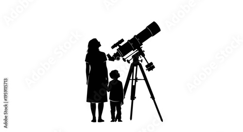 Mother and son silhouette stargazing with a large telescope