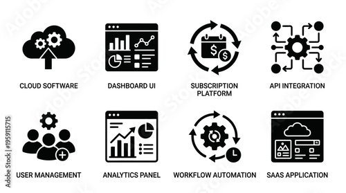 Software and Technology Vector Illustration – Cloud Systems, Dashboards, Subscriptions, APIs, User Management, Analytics, Automation, and SaaS Icons in Black Silhouette for Digital Projects