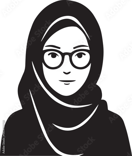 Hand Drawn Woman Wearing Hijab Black and White Avatar Illustration in Minimal Solid Art Style Design