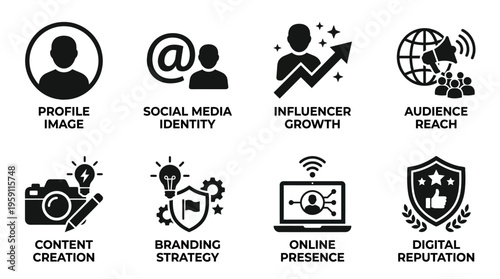 Social Media Marketing Vector Illustration – Profiles, Identity, Influencer Growth, Audience Reach, Content Creation, Branding Strategy, Online Presence, and Reputation Icons in Black Silhouette