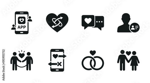 Online Dating Vector Illustration – Swiping Profiles, Hearts, Messaging, User Icons, Couples, and Relationship Symbols in Black Silhouette for Social Interaction and Design Projects