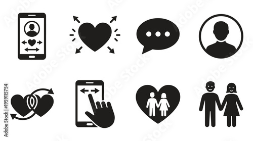 Online Dating Vector Illustration – Swiping Profiles, Hearts, Messaging, User Icons, Couples, and Relationship Symbols in Black Silhouette for Social Interaction and Design Projects