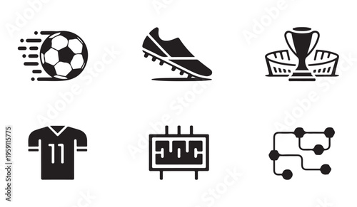Soccer icons set featuring moving ball cleat trophy shirt scoreboard and strategic plays