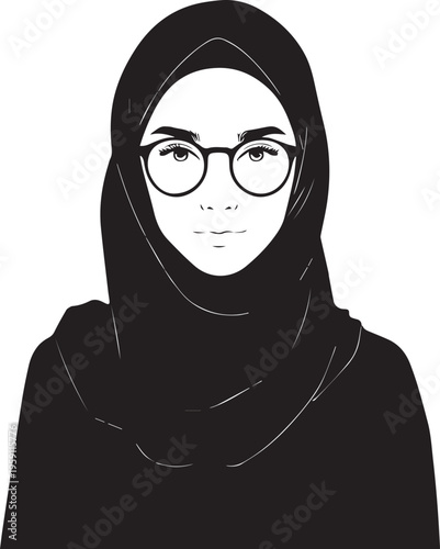Hand Drawn Woman Wearing Hijab Black and White Avatar Illustration in Minimal Solid Art Style Design