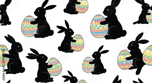 Seamless vector pattern design featuring black silhouette easter bunny rabbits holding colorful decorated eggs
