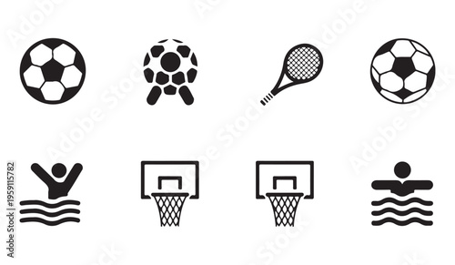 Sport icon set with soccer balls tennis racket swimmers and basketball hoops on white