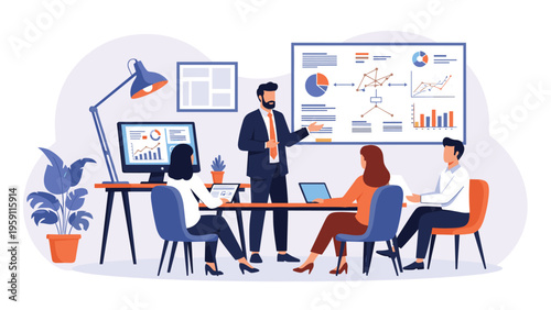 Professional business man presenting data on a whiteboard during a team meeting in a well equipped modern office.
