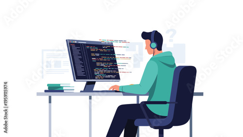 Professional software developer coding on a computer with a complex display and faint question marks in the background.