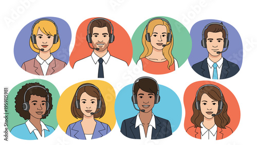 Diverse group of customer service representatives wearing headsets and smiling in colorful circle icons representing global support team.