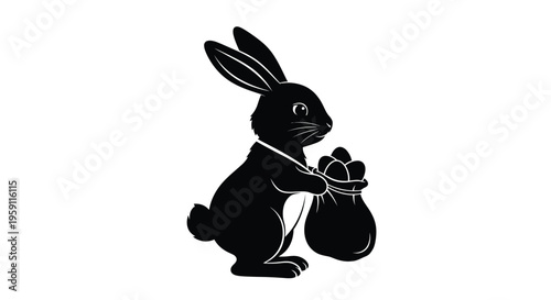 Black silhouette vector graphic illustration of an Easter bunny rabbit carrying a sack full of painted holiday eggs