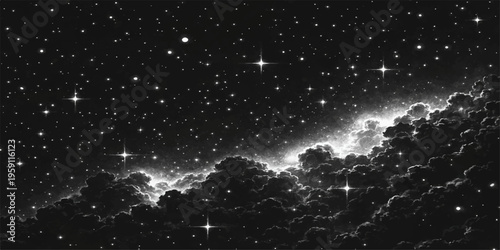 Abstract a mesmerizing night sky, stars twinkling brilliantly over a sea of soft clouds, a canvas of deep black. The monochrome creates a stunning view, filled with an otherworldly charm. 