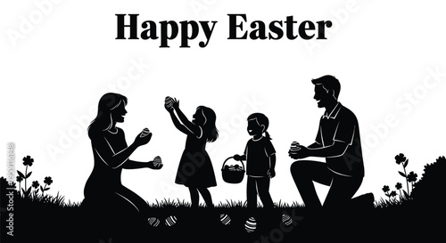 Silhouette vector illustration of a happy family, including parents and children, participating in a traditional Easter egg hunt activity.
