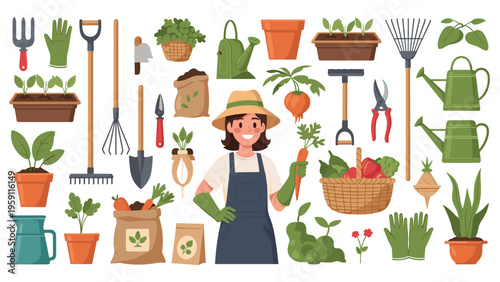 Happy female gardener standing with a basket of fresh vegetables surrounded by various gardening tools, plants, and pots in flat style.