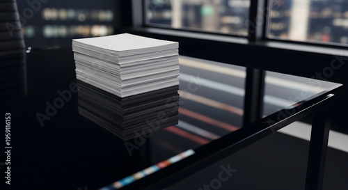 A neat stack of blank white papers awaits new ideas and important tasks on a reflective modern office desk, set against a blurred city night view, symbolizing business readiness and urban productivity