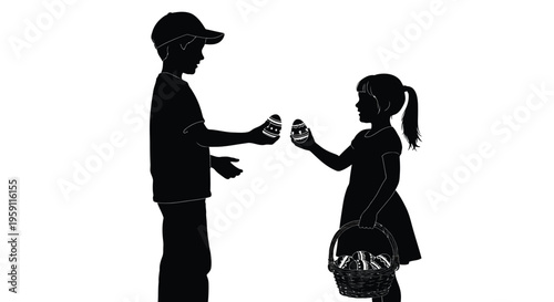 Vector graphic illustration depicting two children, a boy and a girl, sharing decorated Easter eggs during a festive holiday celebration, symbolizing joy and tradition.