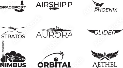 Set of Minimalist Aerospace Aviation Logos and Flight Symbols Featuring Rocket Spaceport Airship Phoenix Stratos Aurora Glider Nimbus Orbital and Aethel Icons in Vector Style