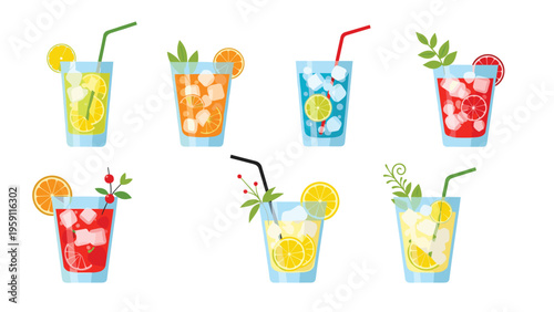 Assorted colorful summer cocktails and fruit juices in glasses with ice cubes, straws, and citrus garnishes on a white background.