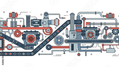 Complex industrial machinery layout with various interconnected gears, belts, pipes, and motors in a technical flat line art style.