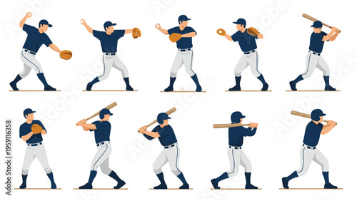 Action poses of baseball players in uniform including pitchers throwing balls and batters swinging wooden bats in a flat vector design.