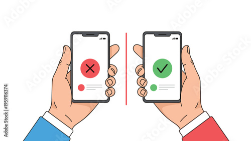 Hands holding two smartphones displaying red cross for wrong choice and green checkmark for right decision against a white background.