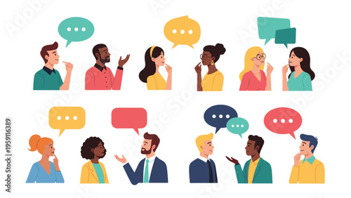 Diverse group of people engaged in conversation with various colorful speech bubbles representing communication, ideas, and social interaction.
