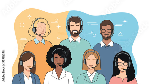 Group of professional call center operators with headsets standing against a blue and yellow wavy background representing customer support.