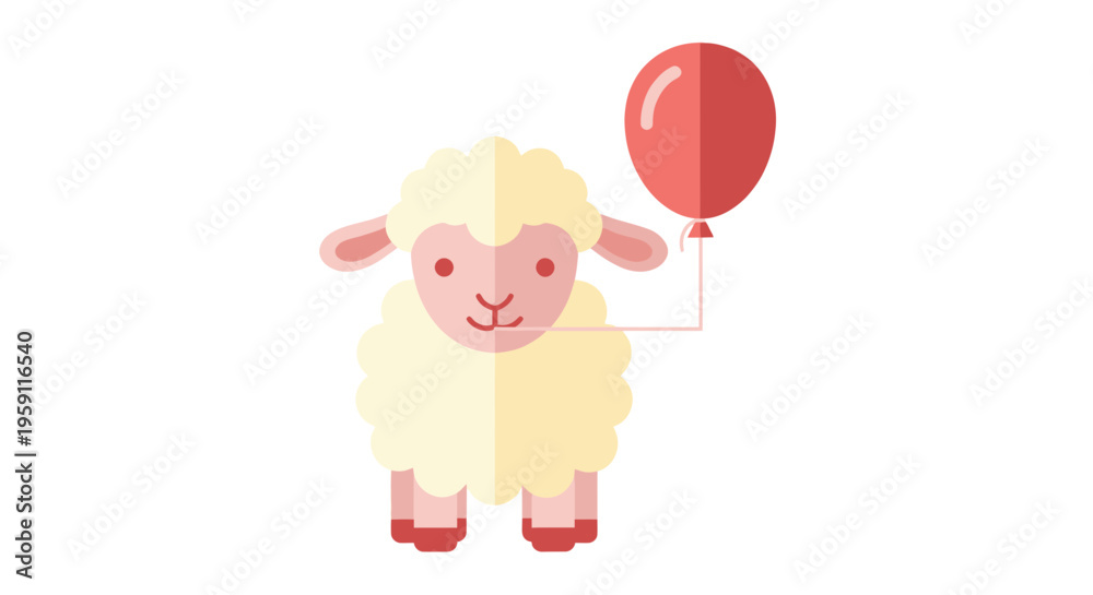 Fototapeta premium Cute fluffy sheep holding a red balloon, isolated on white background, flat design