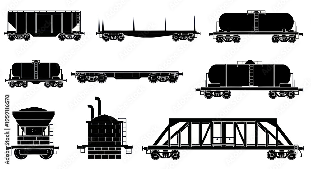 Obraz premium Freight Train Cars and Industrial Elements Silhouette Collection