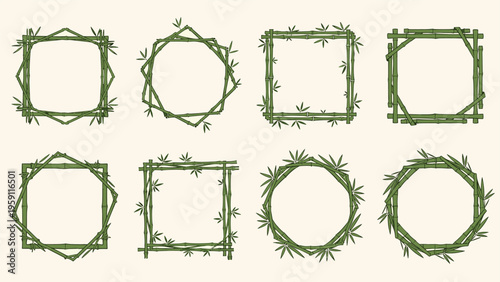 Collection of eight unique geometric frames constructed from green bamboo stalks and leaves for eco-friendly and natural design projects.
