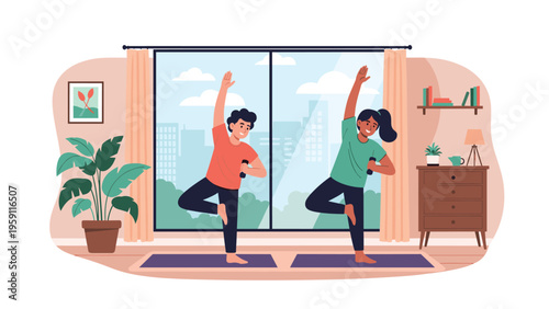 Young man and woman practicing yoga and fitness exercises in a bright living room with large windows overlooking a city skyline.