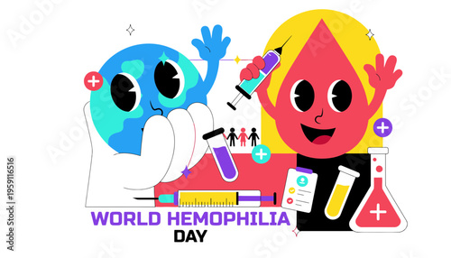 Hemophilia awareness illustration for World Hemophilia Day with cartoon characters