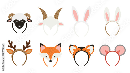 Collection of eight cute animal ear headbands including sheep, rabbit, deer, fox, tiger, and mouse for costume parties and celebrations.