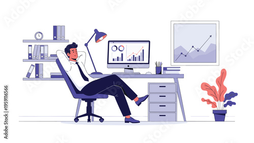 Relaxed professional man in office chair with feet up on desk watching positive financial growth charts on a large computer screen monitor.