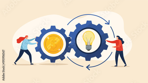 Two women working together to turn massive gears containing a gold dollar coin and a bright light bulb symbol for business innovation.