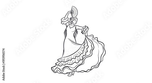 Flamenco Dancer Woman with Fan and Ruffled Dress Sketch