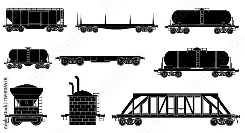 Freight Train Cars and Industrial Elements Silhouette Collection