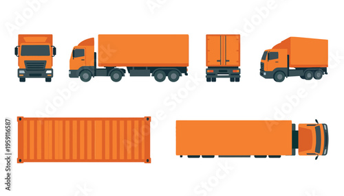 Truck orange vector illustration set with different views and container