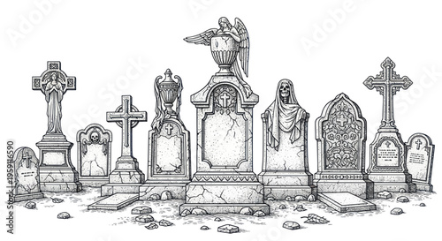 Graveyard Scene: Assorted Tombstones and Gravestones in Sketch Style