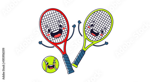 Happy Tennis Rackets and Ball Cartoon Characters Cheering