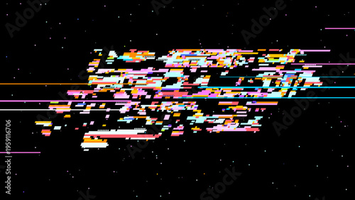 Abstract digital glitch vector in retro gaming UI style with red pink accents, focused on digitalization and data transformation. Dark background with subtle noise enhances contrast. Ideal for tech...