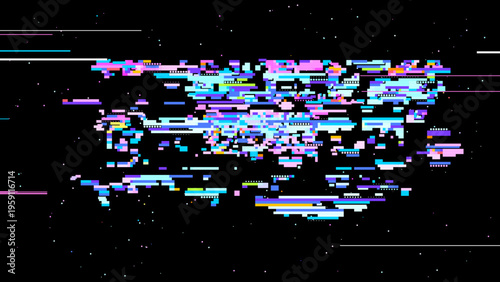 Futuristic glitch vector showing digital transformation, retro gaming UI mood and red teal highlights for modern tech design. Dark background with subtle noise enhances contrast. Ideal for tech bra...