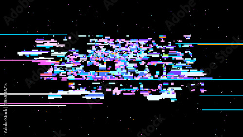 Abstract digital glitch vector in retro gaming UI style with red pink accents, focused on digitalization and data transformation. Dark background with subtle noise enhances contrast. Ideal for tech...