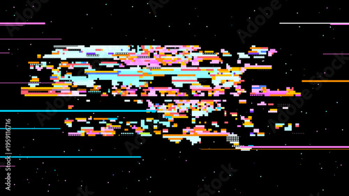 Pixelated glitch vector with red pink tones, digitalism concept in retro gaming UI aesthetics for tech and gaming use. Ideal for tech branding, UI, and sci-fi graphics.