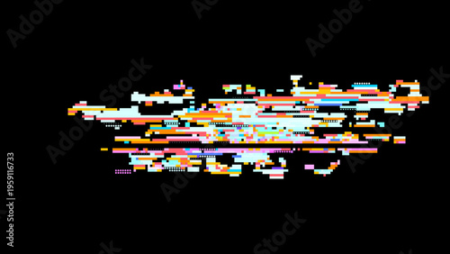 Abstract digital glitch vector in retro gaming UI style with red pink accents, focused on digitalization and data transformation. Dark background with subtle noise enhances contrast. Ideal for tech...