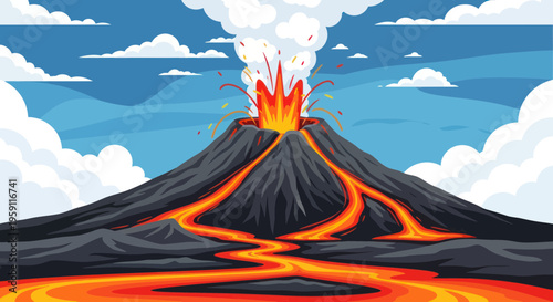 Volcano Eruption with Lava Flow and Smoke Plume, Dramatic Natural Disaster Scene