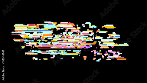 Futuristic glitch vector showing digital transformation, retro gaming UI mood and red pink highlights for modern tech design. Dark background with subtle noise enhances contrast. Ideal for tech bra...