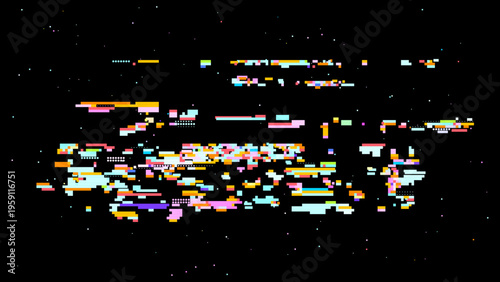 Abstract digital glitch vector in retro gaming UI style with red pink accents, focused on digitalization and data transformation. Dark background with subtle noise enhances contrast. Ideal for tech...