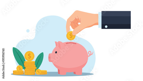 Businessman hand putting a gold dollar coin into a pink piggy bank to represent saving money and financial planning.