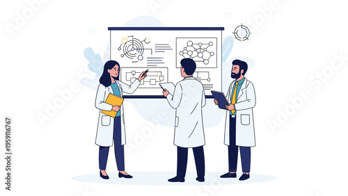 Group of professional scientists in white lab coats presenting complex diagrams and chemical structures on a whiteboard in a laboratory.