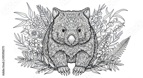 Wombat Illustration with Australian Flora - Black and White Line Art